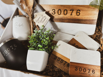 Custom New Home Gift - Marble and Wood Cutting Board, Coasters and Tumblers