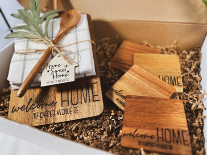 Custom New Home Gift - Acacia Cutting Board and Coasters