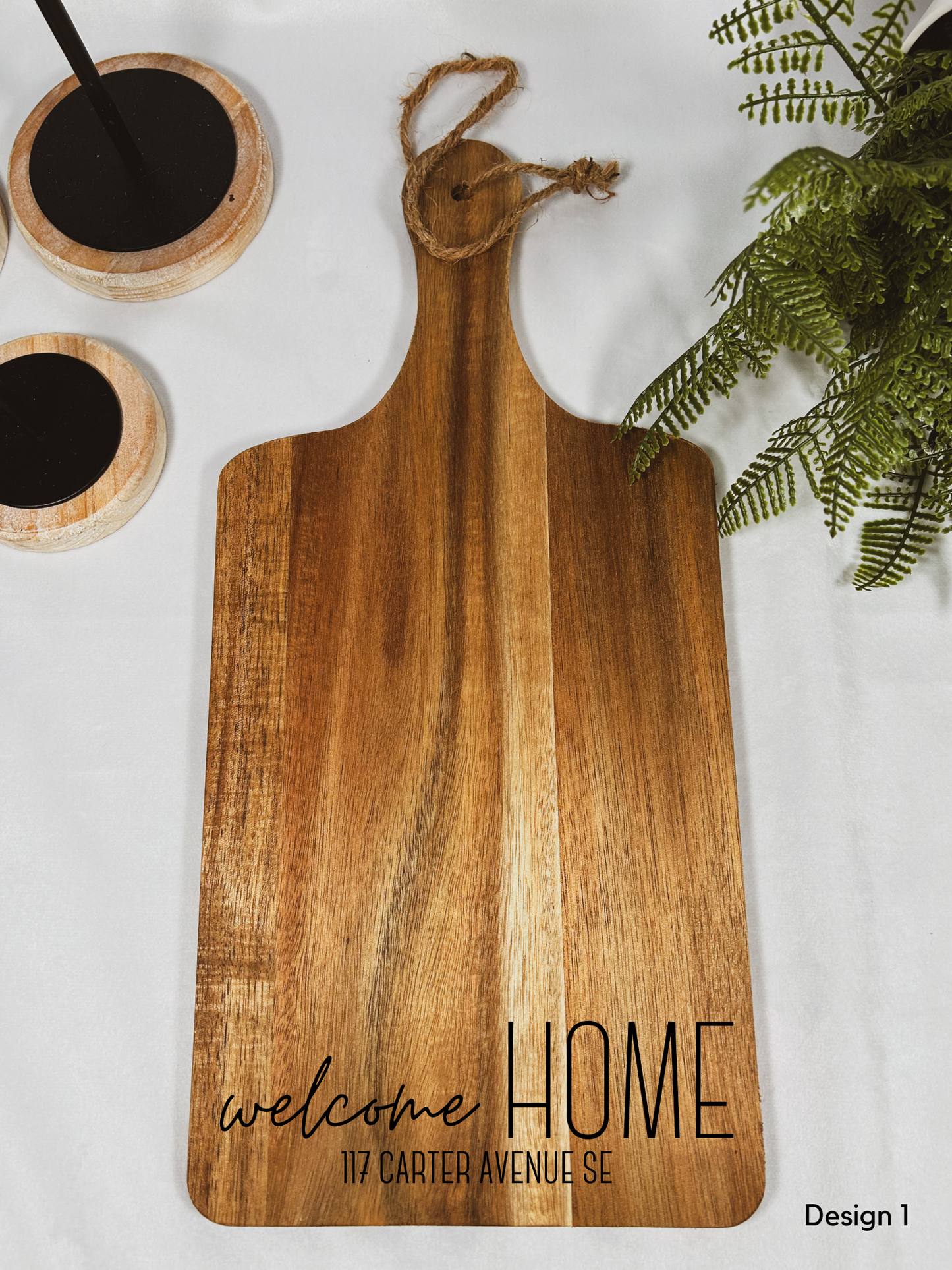 Custom New Home Gift - Acacia Cutting Board and Coasters