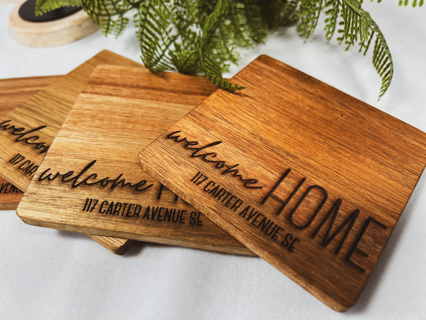 Custom New Home Gift - Acacia Cutting Board and Coasters